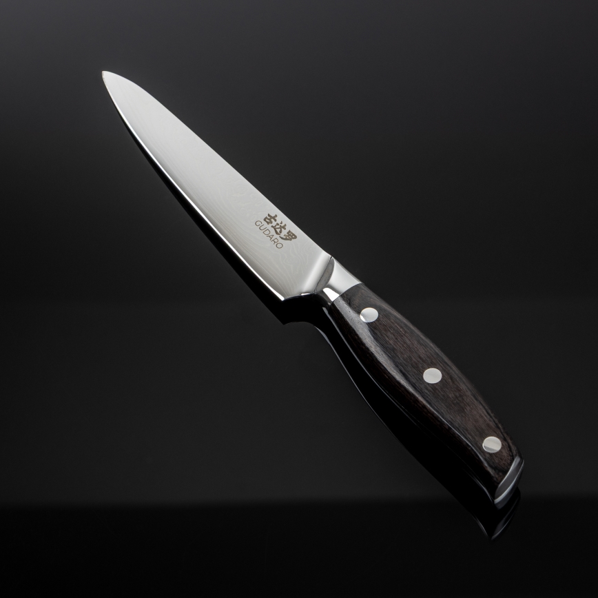 Gudaro - Couteau de cuisine polyvalent en acier damassé SHIRO 5, 67 couches d'acier, longueur de la lame 12,5 cm