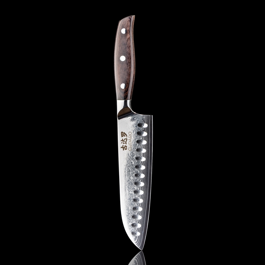 Gudaro - Couteau Santoku SHIRO en acier damassé à 67 couches, lame 7, longueur 17,5 cm