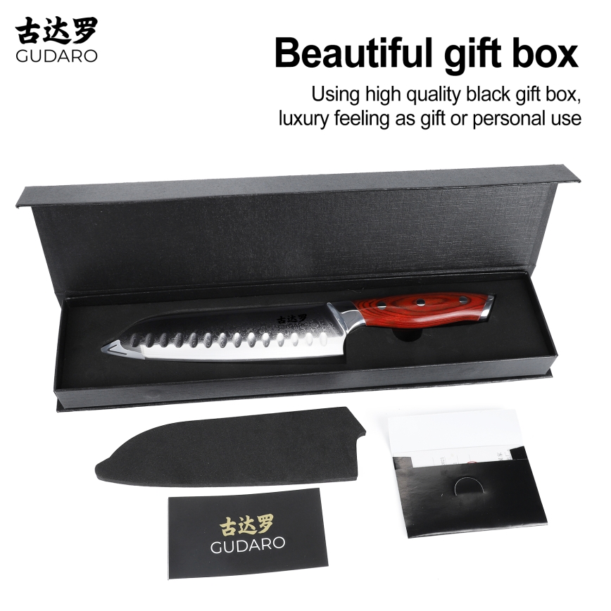 Gudaro - Couteau de cuisine Santoku damassé KENSHO 7, 67 couches d'acier, longueur 17,5 cm