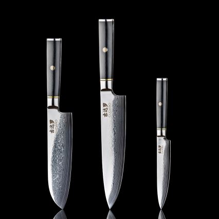 Gudaro - Ensemble de 3 couteaux de cuisine en acier damassé AKIRO + support magnétique
