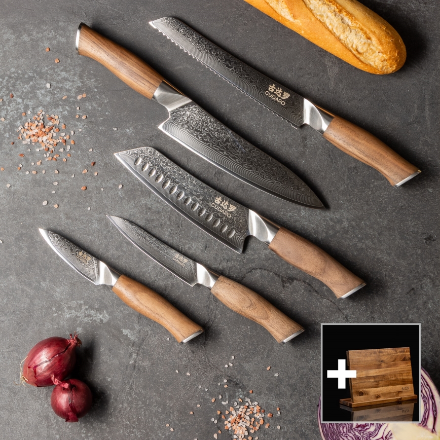 Gudaro - Ensemble de 5 couteaux de cuisine en acier damassé TAKUMI + support magnétique
