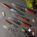 Gudaro - Ensemble de 5 couteaux de cuisine MIYABI en acier damassé + bloc à couteaux et ciseaux à volaille