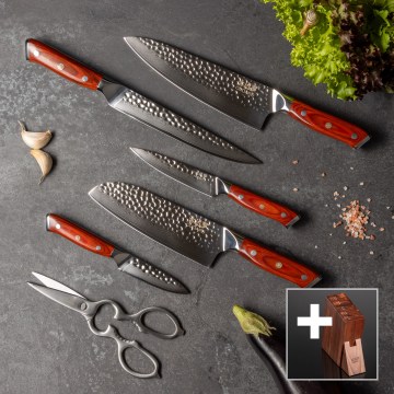 Gudaro - Ensemble de 5 couteaux de cuisine MIYABI en acier damassé + bloc à couteaux et ciseaux à volaille
