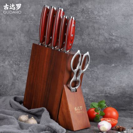 Gudaro - Ensemble KENSHO de 7 couteaux de cuisine avec bloc en acacia