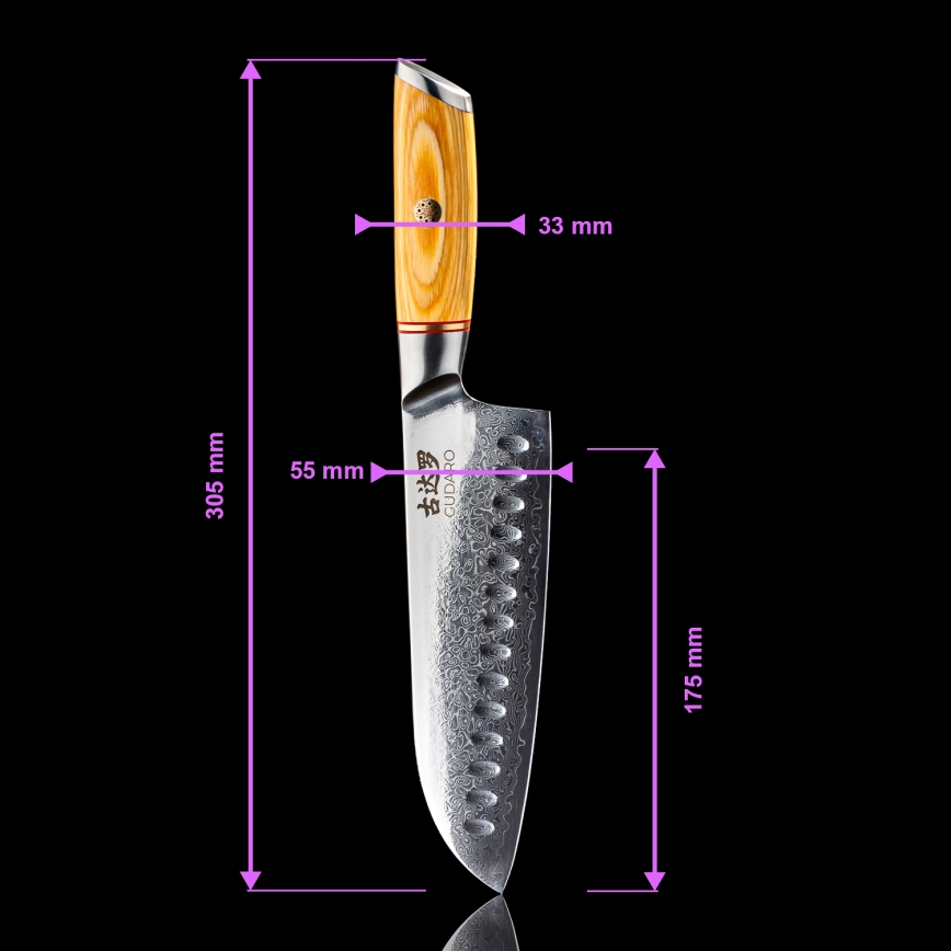 Gudaro - Lot de 5 couteaux de cuisine en acier damassé HIKARI + support magnétique pour couteaux