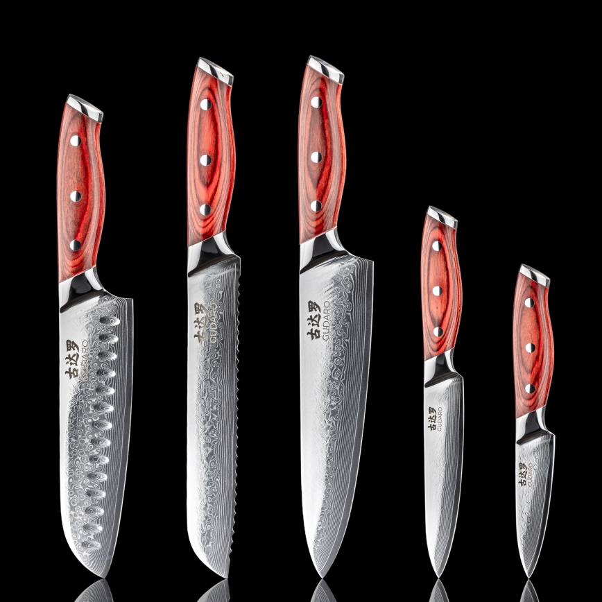 Gudaro - Lot de 5 couteaux de cuisine en acier damassé KENSHO + support magnétique