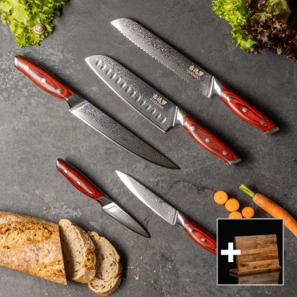 Gudaro - Lot de 5 couteaux de cuisine en acier damassé KENSHO + support magnétique