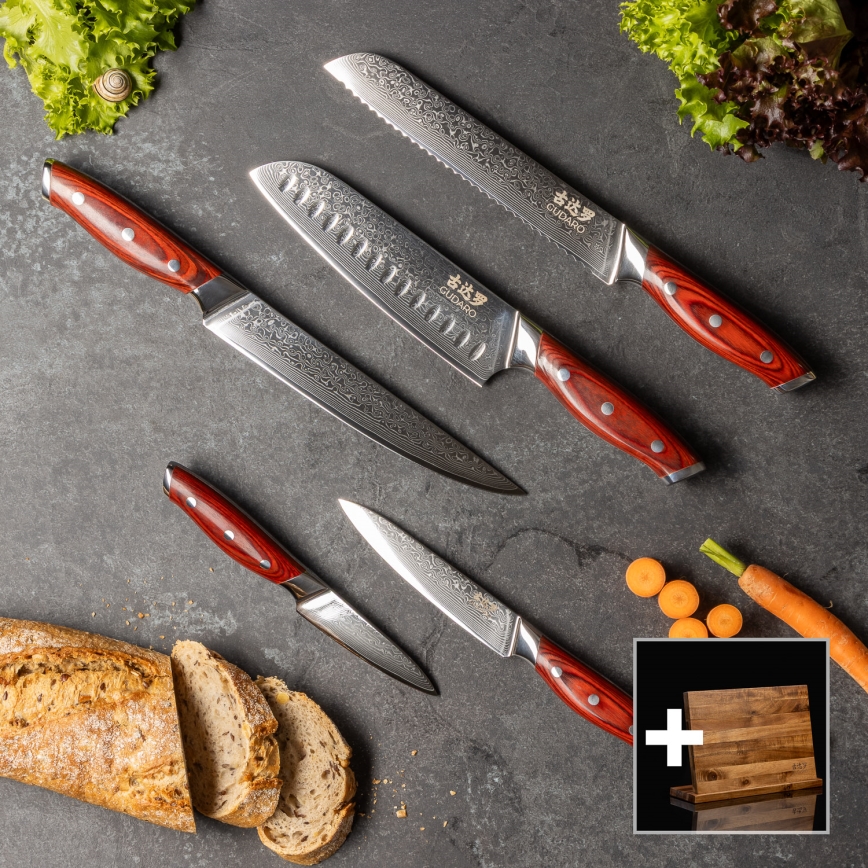 Gudaro - Lot de 5 couteaux de cuisine en acier damassé KENSHO + support magnétique