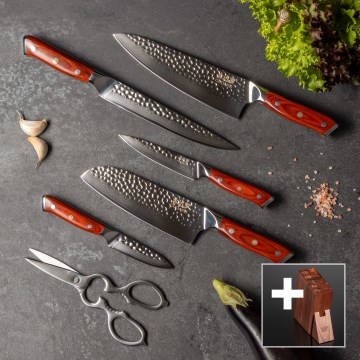 Gudaro - Lot de 5 couteaux de cuisine en acier damassé MIYABI + bloc pour couteaux et ciseaux à volaille