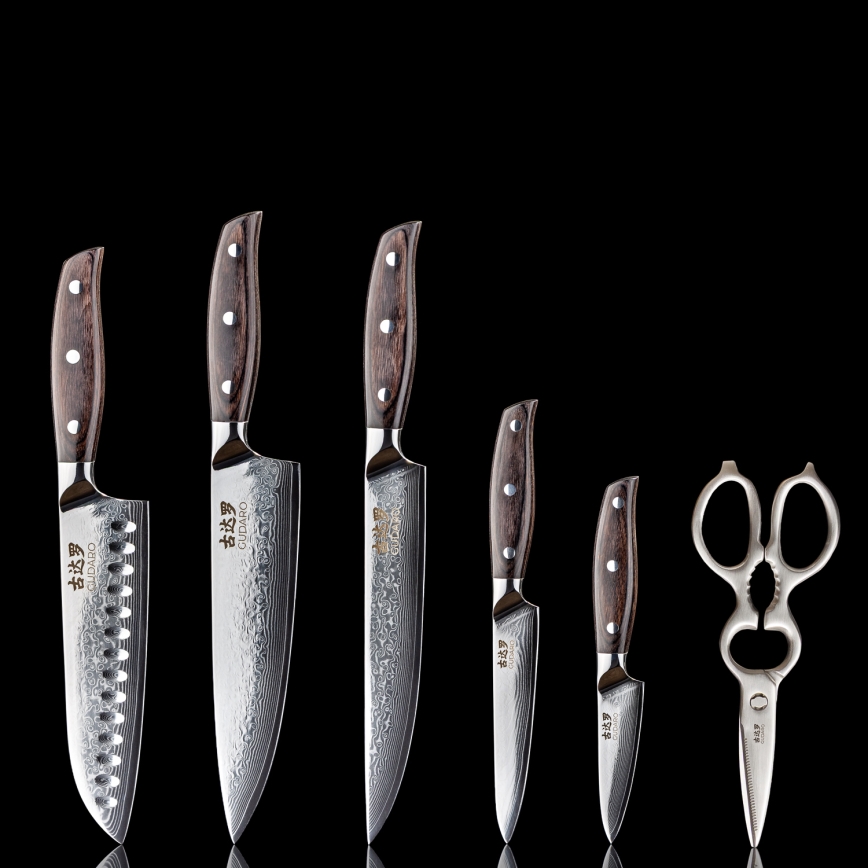 Gudaro - Ensemble de 5 couteaux de cuisine en acier damassé SHIRO + support pour couteaux et ciseaux à volaille
