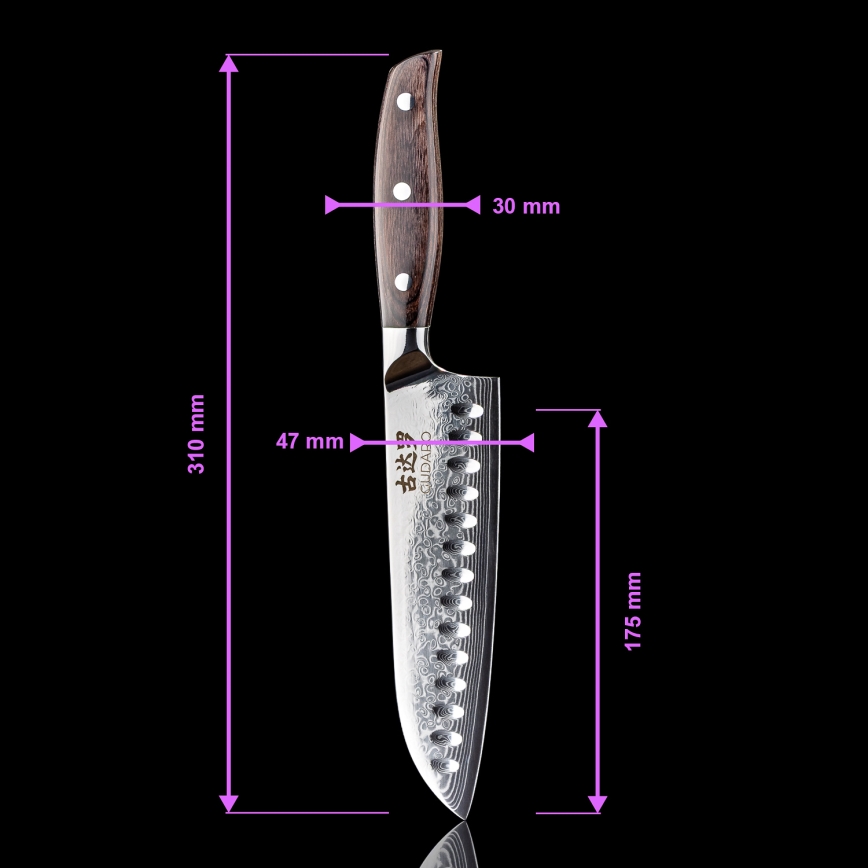 Gudaro - Ensemble de 5 couteaux de cuisine en acier damassé SHIRO + support pour couteaux et ciseaux à volaille