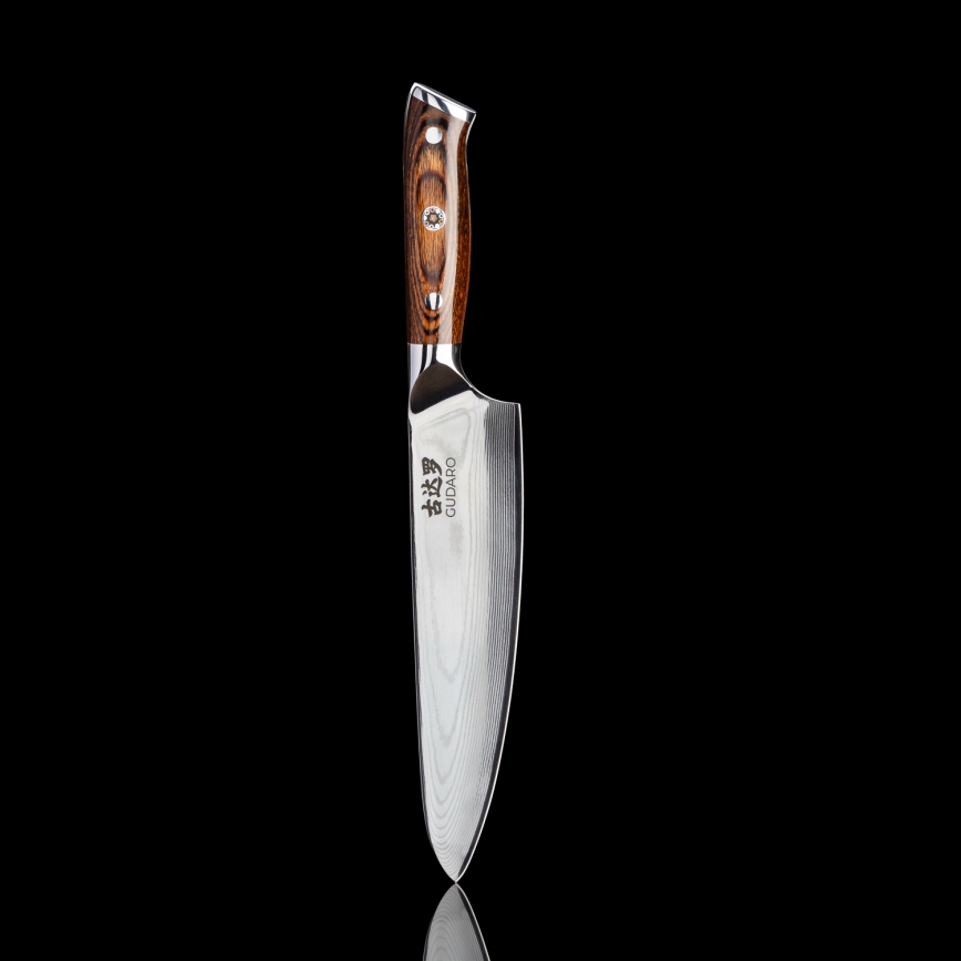 Gudaro - ENSEMBLE : 1x couteau de chef damassé FENG 8, en 67 couches d'acier, longueur 20 cm + 1x couteau de cuisine Santoku damassé FENG 7,5, en 67 couches d'acier, longueur 18 cm + 1x couteau d'office pour fruits damassé FENG 3,5, en 67 couches 