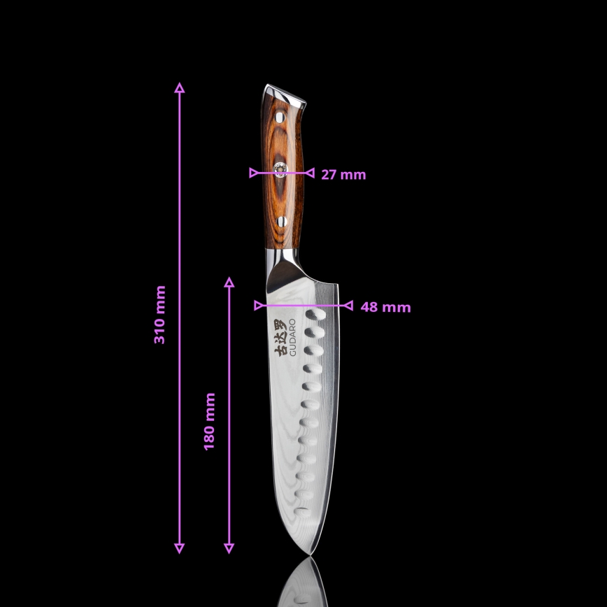 Gudaro - ENSEMBLE : 1x couteau de chef damassé FENG 8, en 67 couches d'acier, longueur 20 cm + 1x couteau de cuisine Santoku damassé FENG 7,5, en 67 couches d'acier, longueur 18 cm + 1x couteau d'office pour fruits damassé FENG 3,5, en 67 couches 