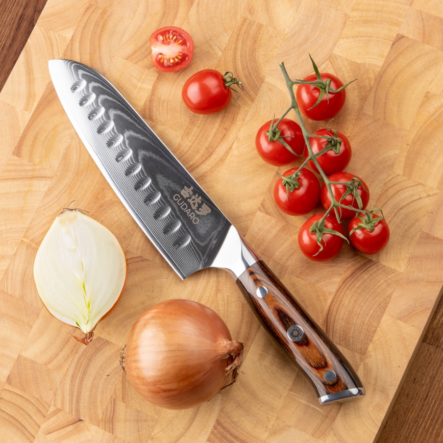 Gudaro - ENSEMBLE 1x couteau de chef en acier damassé FENG 8, 67 couches d'acier, longueur 20 cm + 1x couteau de cuisine Santoku en acier damassé FENG 7,5, 67 couches d'acier, longueur 18 cm + 1x OFFERT couteau de cuisine en acier damassé FENG 3,5