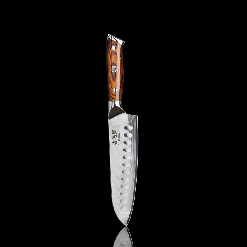 Gudaro - ENSEMBLE 1x couteau de chef en acier damassé FENG 8, 67 couches d'acier, longueur 20 cm + 1x couteau de cuisine Santoku en acier damassé FENG 7,5, 67 couches d'acier, longueur 18 cm + 1x OFFERT couteau de cuisine en acier damassé FENG 3,5