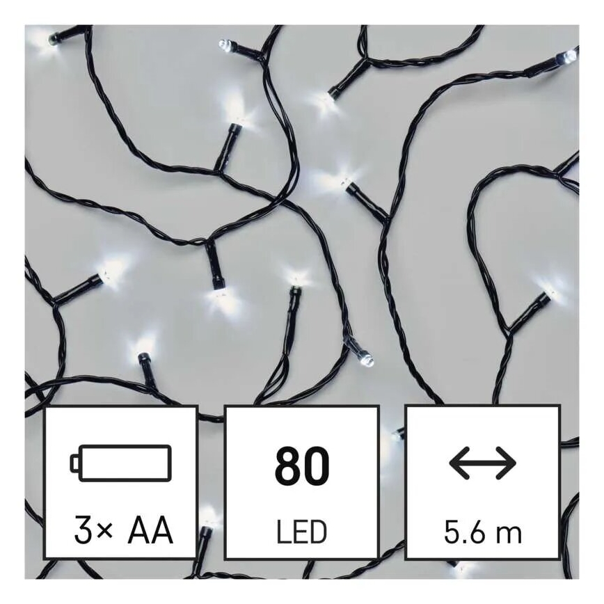 Guirlande de Noël extérieure 80xLED/3xAA 6,1m IP44 blanc froid