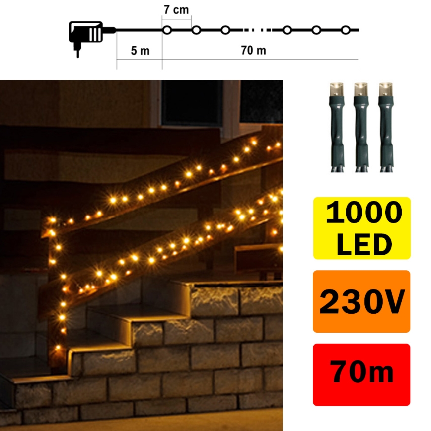 Guirlande extérieure 70m 1000xLED/0,06W/230V blanc chaud IP44