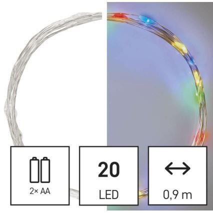 Guirlande LED 20 LED / 2 piles AA, 2,4 m, multicolore