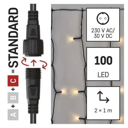Guirlande LED d'extérieur 100 LED / 1 × 2 m, IP44, blanc chaud