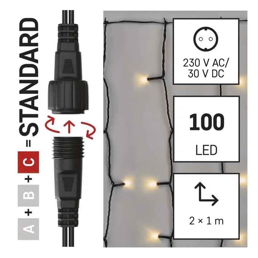 Guirlande LED d'extérieur 100 LED / 1 × 2 m, IP44, blanc chaud