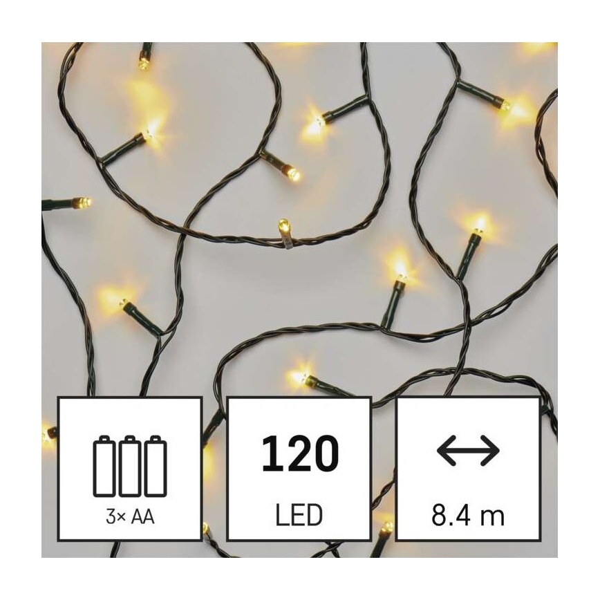 Guirlande LED d'extérieur 120 LED – alimentée par 3 piles AA, 8,9 m, IP44, blanc chaud