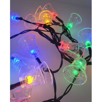 Guirlande LED d'extérieur 20 LED, 2xAA, 2,2 m, IP44, multicolore, avec petites clochettes