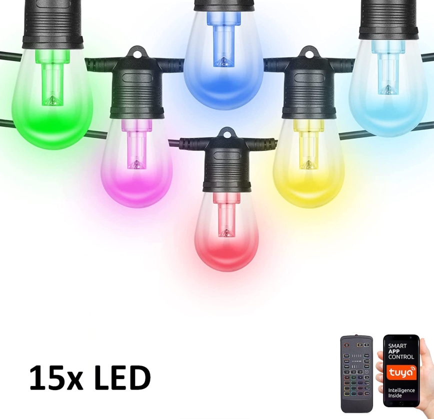 Guirlande LED RGB+CCT à intensité variable GUIRLANDE 15xLED/1W/230V 15m Wi-Fi Tuya IP65 + télécommande