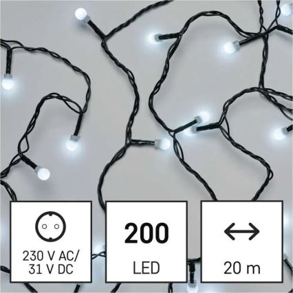 Guirlande lumineuse de Noël LED 200 LEDs — 8 fonctions, 20 m, IP44, blanc froid