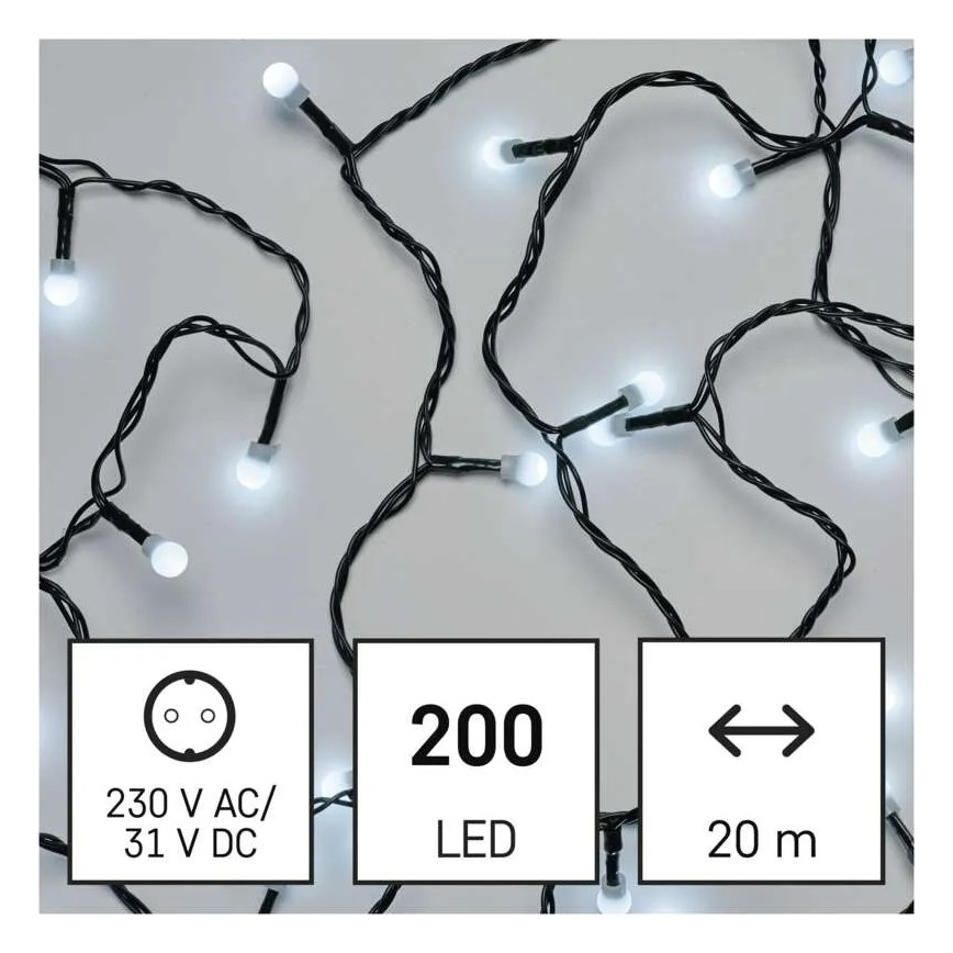 Guirlande lumineuse de Noël LED 200 LEDs — 8 fonctions, 20 m, IP44, blanc froid