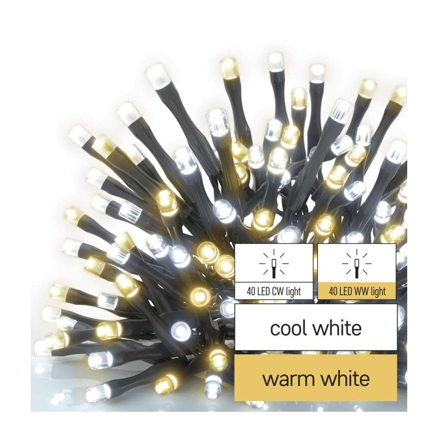 Guirlande lumineuse d'extérieur 80 LED — 13 m, IP44, blanc chaud/froid