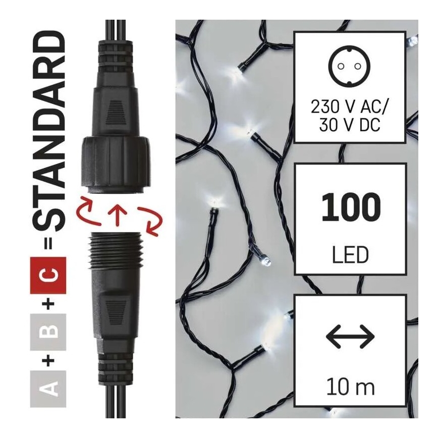 Guirlande lumineuse LED d'extérieur 100 LED / 10 m, IP44, blanc froid