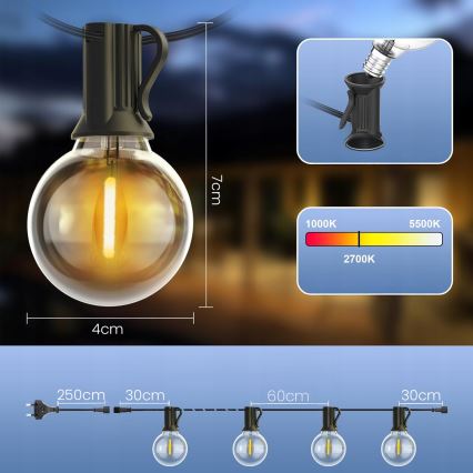 Guirlande décorative LED dimmable d'extérieur 25xE12/1W/24/230V 17,5 m IP65 noire + télécommande