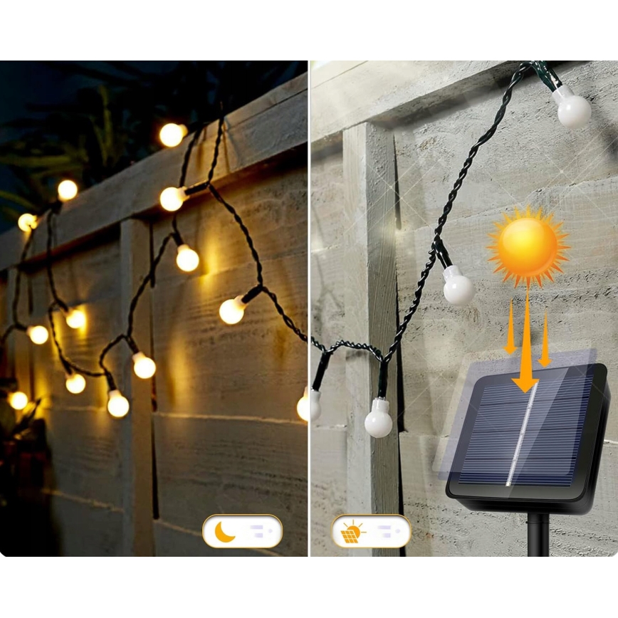 Guirlande solaire décorative 50 LED / 8 fonctions, 500 mAh, 9,5 m, IP67, blanc chaud