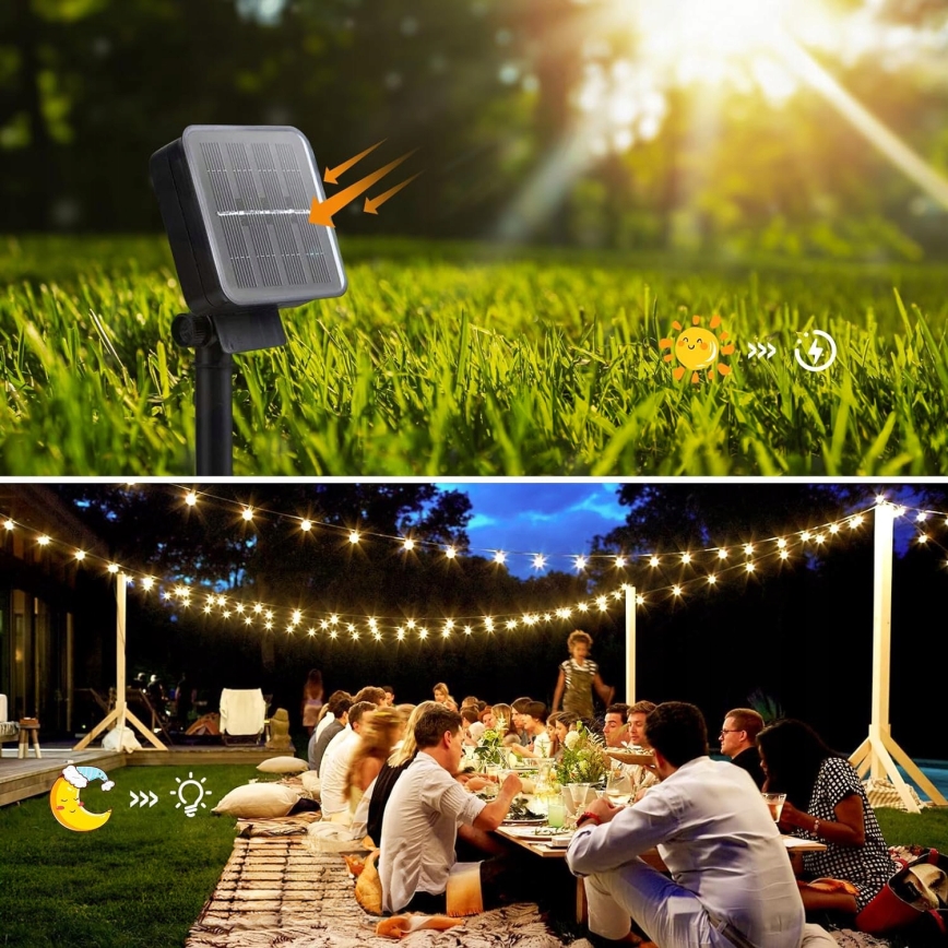 Guirlande solaire décorative LED 20 LED/8 fonctions 500 mAh 7,6 m IP67 blanc chaud