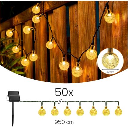 Guirlande solaire décorative LED 50 LED/8 fonctions 500 mAh 9,5 m IP67 blanc chaud