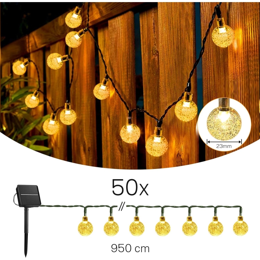 Guirlande solaire décorative LED 50 LED/8 fonctions 500 mAh 9,5 m IP67 blanc chaud
