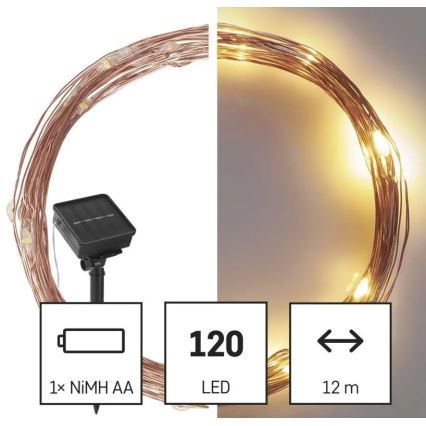 Guirlande solaire LED LED/2,4W/1,2V 1xAA 15 m IP44 3000K 600 mAh