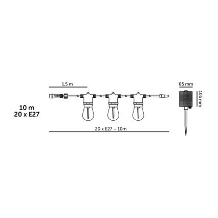 Guirlande solaire décorative LED à intensité réglable STARLIGHT NEO 20xE27/3,7V 2700K IP54 1200 mAh 11,5m + télécommande