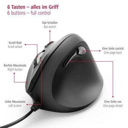 Hama - Souris filaire ergonomique 1000/1400/1800 DPI noir