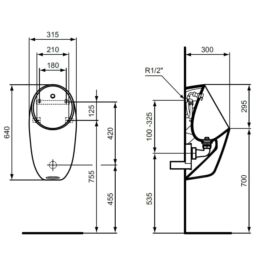 Ideal Standard E253701 - Urinoir I.LIFE, arrivée d'eau arrière, évacuation arrière, céramique/blanc
