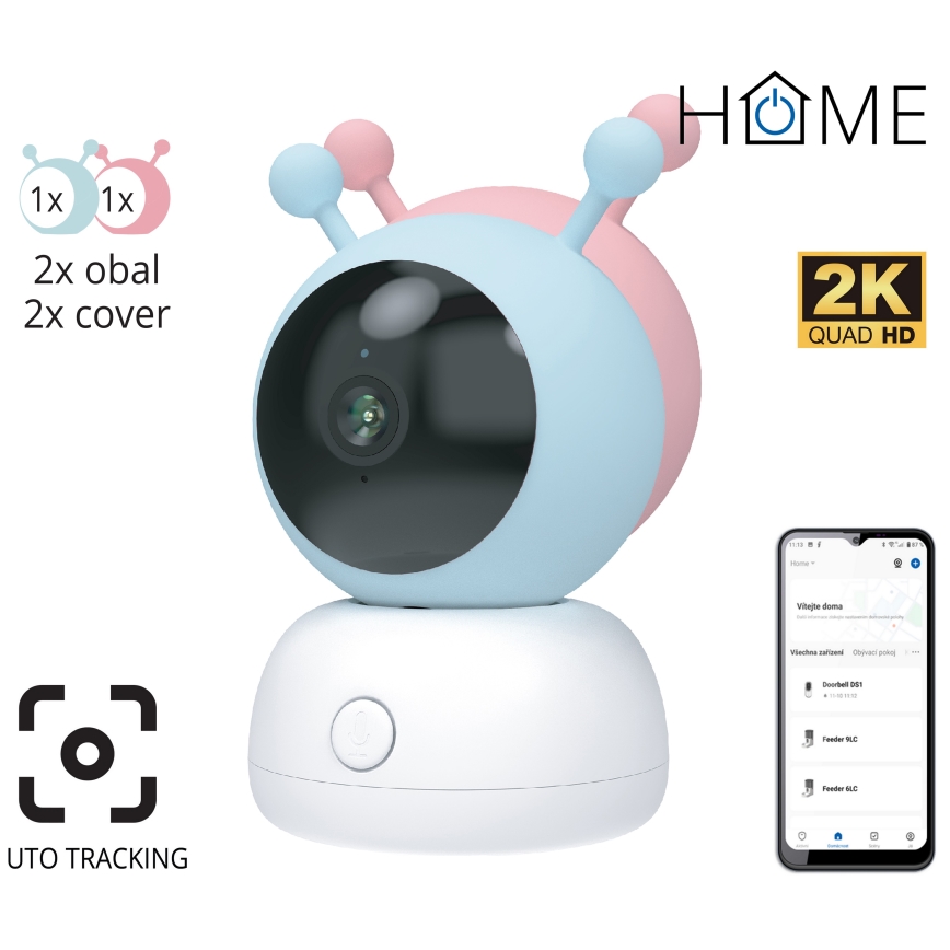 Moniteur pour bébé intelligent avec capteur de mouvement 2K, alimentation 5V, Wi‑Fi Tuya — rose/bleu