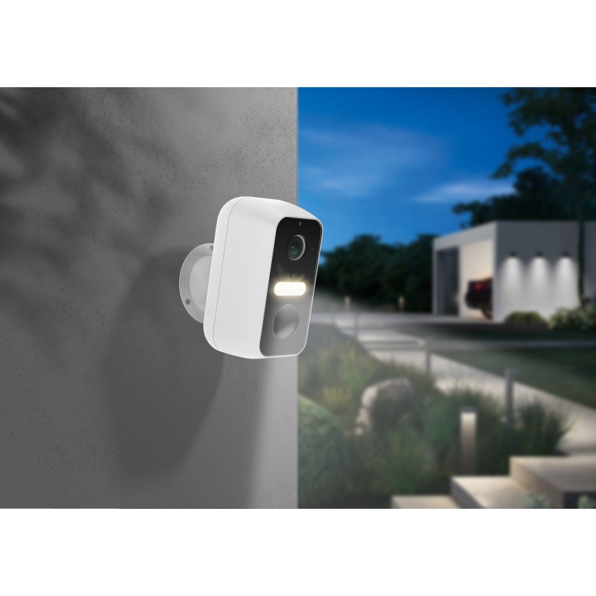 Caméra extérieure intelligente 2K avec capteur de mouvement, batterie 9600 mAh, IP65, Wi‑Fi, Tuya, blanche