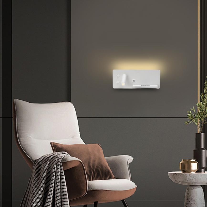Immax 08285L - Spot mural avec tablette, port USB et charge sans fil Be PREPARE LED/3W/230V + LED/3W blanc
