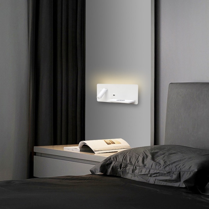 Immax 08285L - Spot mural avec tablette, port USB et charge sans fil Be PREPARE LED/3W/230V + LED/3W blanc