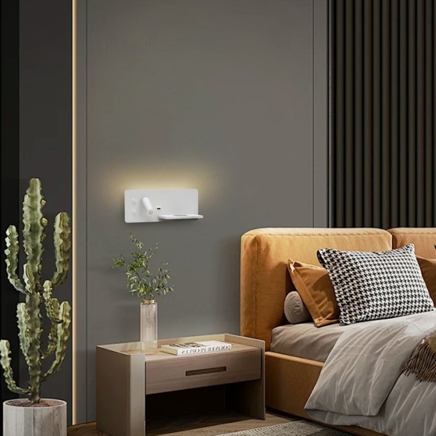 Immax 08285L - Spot mural avec tablette, port USB et charge sans fil Be PREPARE LED/3W/230V + LED/3W blanc