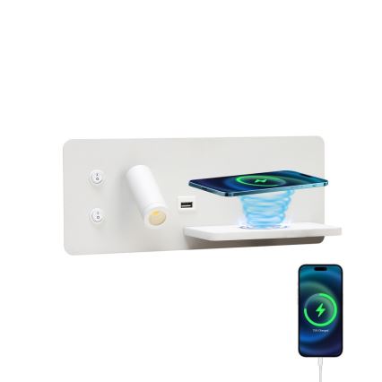 Immax 08285L - Spot mural avec tablette, port USB et charge sans fil Be PREPARE LED/3W/230V + LED/3W blanc