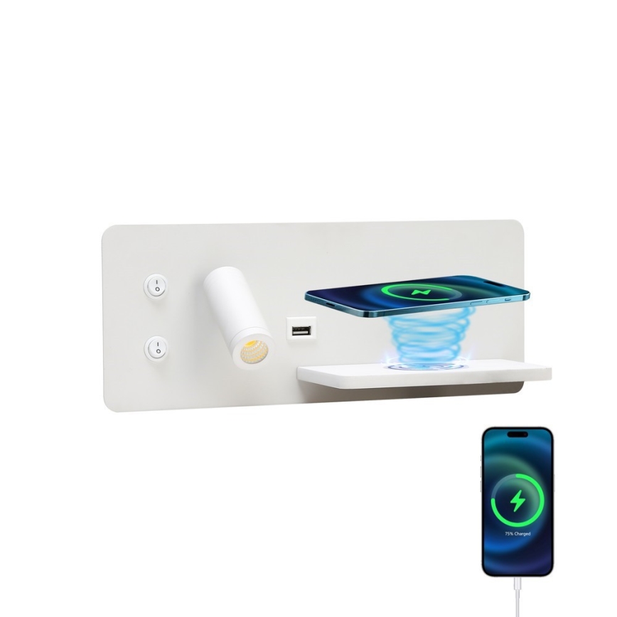 Immax 08285L - Spot mural avec tablette, port USB et charge sans fil Be PREPARE LED/3W/230V + LED/3W blanc