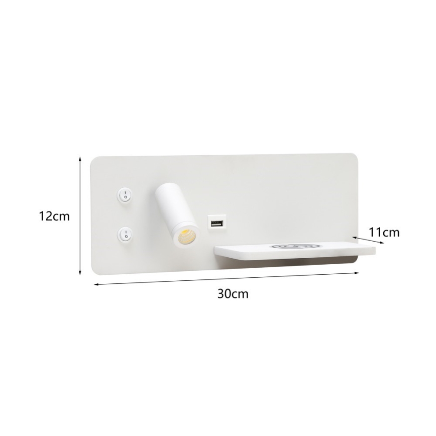 Immax 08285L - Spot mural avec tablette, port USB et charge sans fil Be PREPARE LED/3W/230V + LED/3W blanc