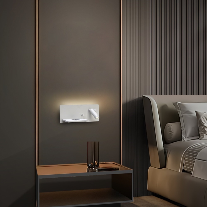 Immax 08286L - Spot mural avec tablette, port USB et charge sans fil Be PREPARE LED/3W/230V + LED/3W blanc