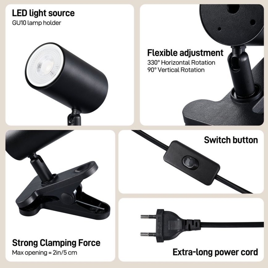 Lampe à pince PUNTO 1xGU10/9W/230V noire